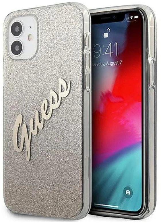 Dėklas GUESS GLITTER GRADIENT SCRIPT IPHONE 12 MINI GOLD