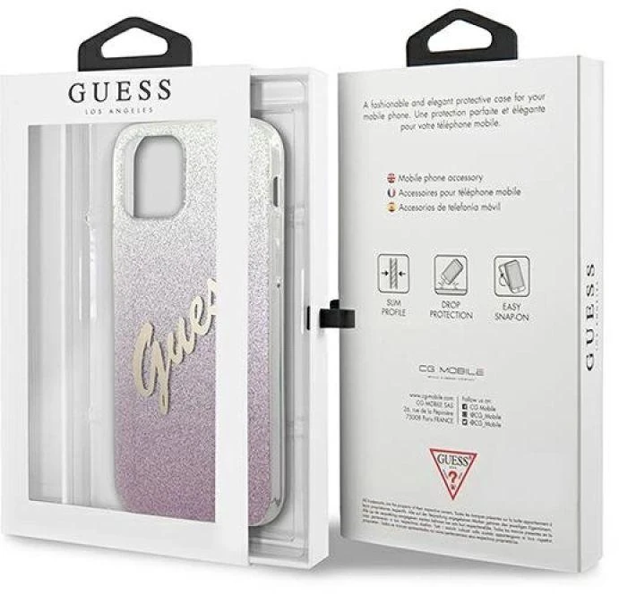 Dėklas GUESS GLITTER GRADIENT SCRIPT IPHONE 12 MINI Rožinis
