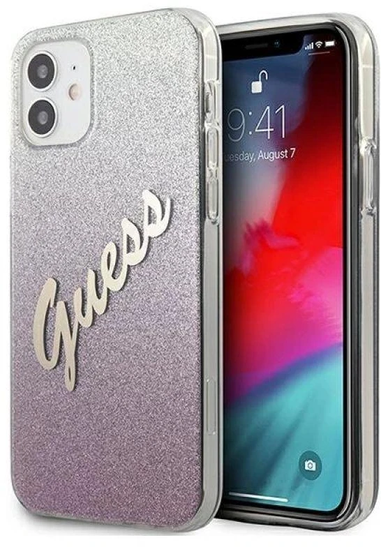 Dėklas GUESS GLITTER GRADIENT SCRIPT IPHONE 12 MINI Rožinis