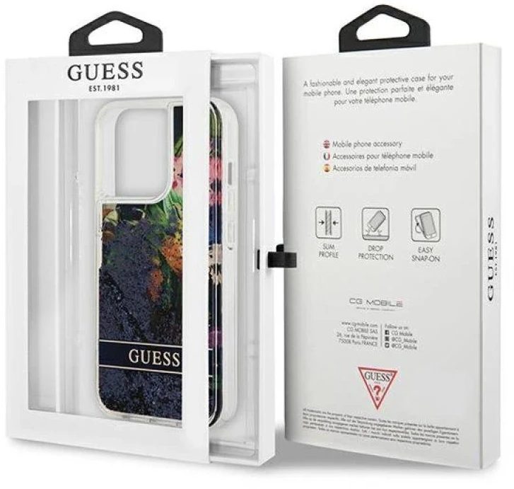 GUESS GUHCP13LLFLSB IPHONE 13 PRO / 13 6.1 "Mėlynas / Mėlynas HARDCASE FLOWER LIQUID GLITTER
