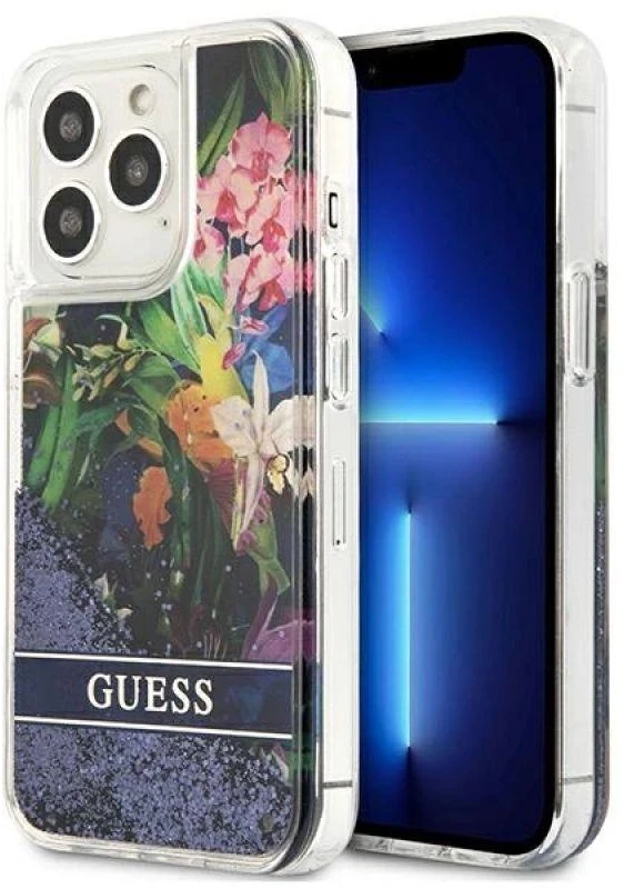GUESS GUHCP13LLFLSB IPHONE 13 PRO / 13 6.1 "Mėlynas / Mėlynas HARDCASE FLOWER LIQUID GLITTER