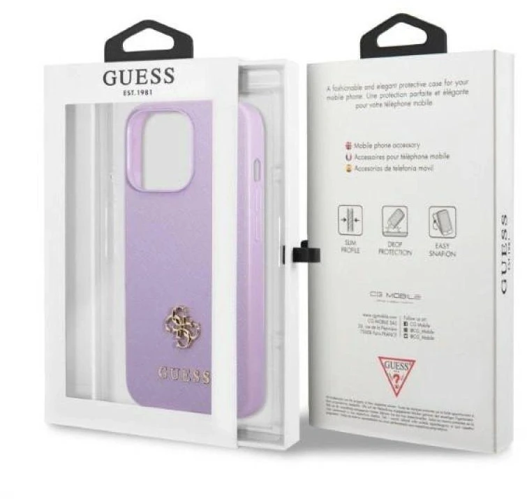 Guess GUHCP13LPS4MU Apple iPhone 13 Pro / 13 6,1″ violetinės spalvos kietas dėklas Saffiano 4G Small Metal Logo