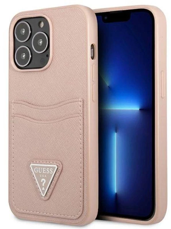 Dėklas GUESS GUHCP13LSATPPPPP 13 PRO / 13 6.1 "Rožinis / Rožinis HARDCASE SAFFIANOTRIANGLE CARDSLOT LOGO