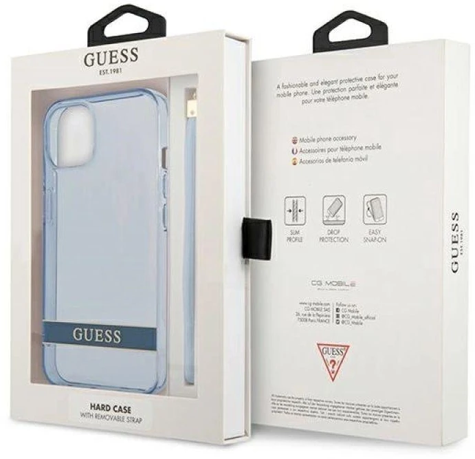 Guess GUHCP13MHTSGSB Apple iPhone 13 / 14 / 15 6.1" mėlynas kietas dėklas su permatomu dirželiu