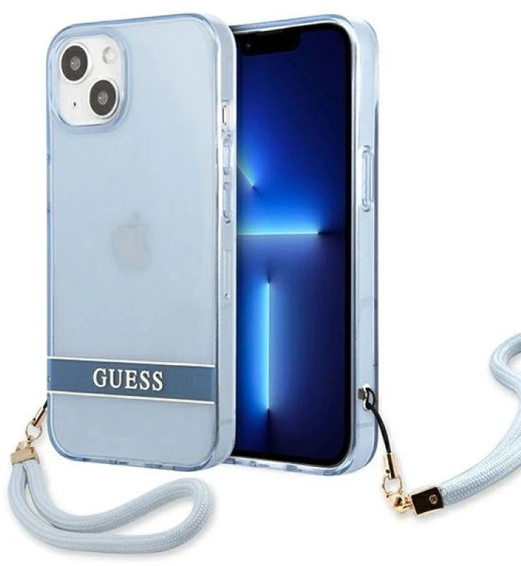 Guess GUHCP13MHTSGSB Apple iPhone 13 / 14 / 15 6.1" mėlynas kietas dėklas su permatomu dirželiu