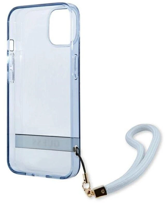 Guess GUHCP13MHTSGSB Apple iPhone 13 / 14 / 15 6.1" mėlynas kietas dėklas su permatomu dirželiu