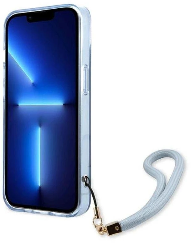 Guess GUHCP13MHTSGSB Apple iPhone 13 / 14 / 15 6.1" mėlynas kietas dėklas su permatomu dirželiu