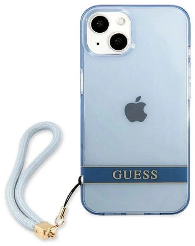 Guess GUHCP13MHTSGSB Apple iPhone 13 / 14 / 15 6.1" mėlynas kietas dėklas su permatomu dirželiu