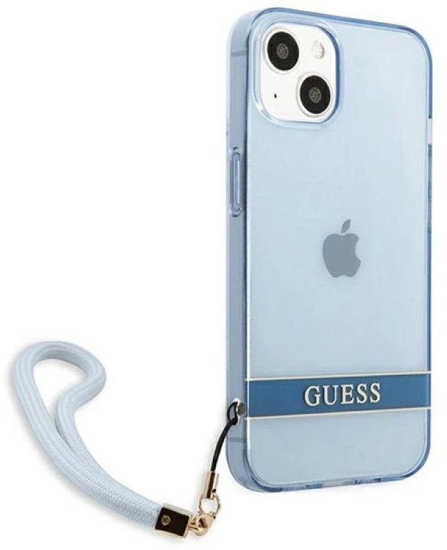 Guess GUHCP13MHTSGSB Apple iPhone 13 / 14 / 15 6.1" mėlynas kietas dėklas su permatomu dirželiu
