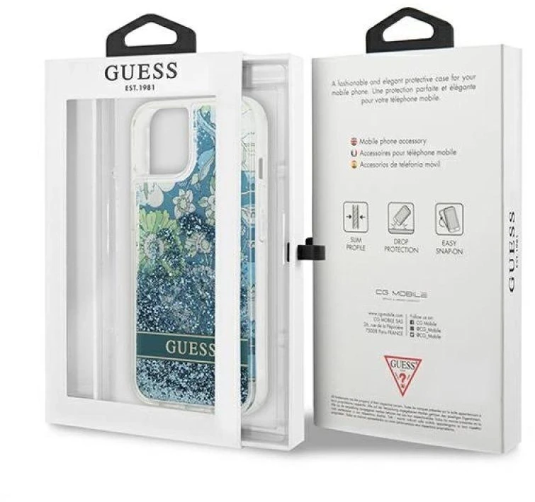 Guess GUHCP13MLFLSN Apple iPhone 13 / 14 / 15 6,1″ žalias kietas dėklas Flower Liquid Glitter