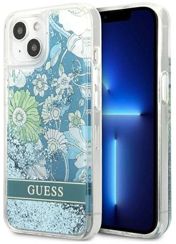 Guess GUHCP13MLFLSN Apple iPhone 13 / 14 / 15 6,1″ žalias kietas dėklas Flower Liquid Glitter