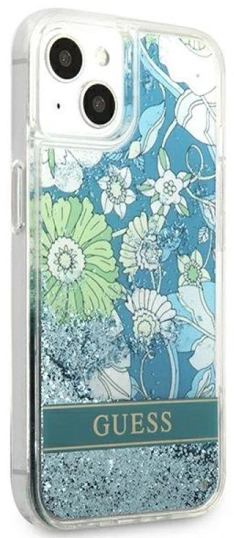 Guess GUHCP13MLFLSN Apple iPhone 13 / 14 / 15 6,1″ žalias kietas dėklas Flower Liquid Glitter