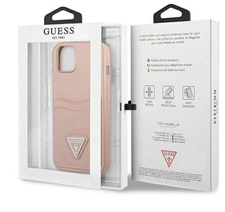 Apple iPhone 13 Guess dėklas Saffianotriangle Logo Cardslot (GUHCP13MPSATPP) rožinės spalvos