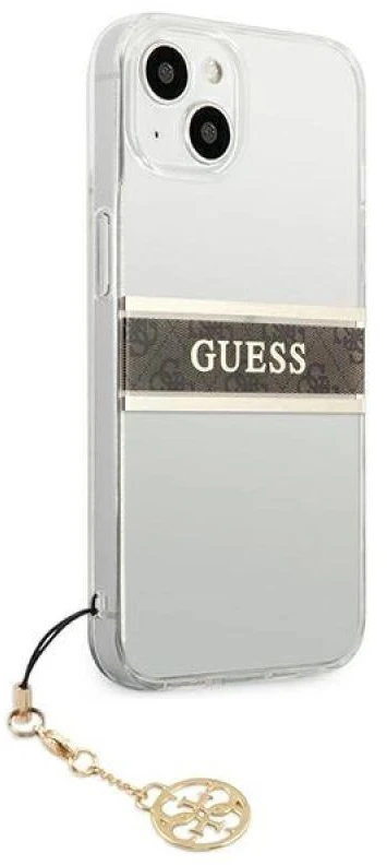 Dėklas GUESS HARD CASE GUHCP13SKB4GBR IPHONE 13 MINI RUDA DIRŽELĖ CHARM SKAIDRUS