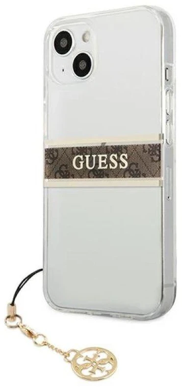 Dėklas GUESS HARD CASE GUHCP13SKB4GBR IPHONE 13 MINI RUDA DIRŽELĖ CHARM SKAIDRUS