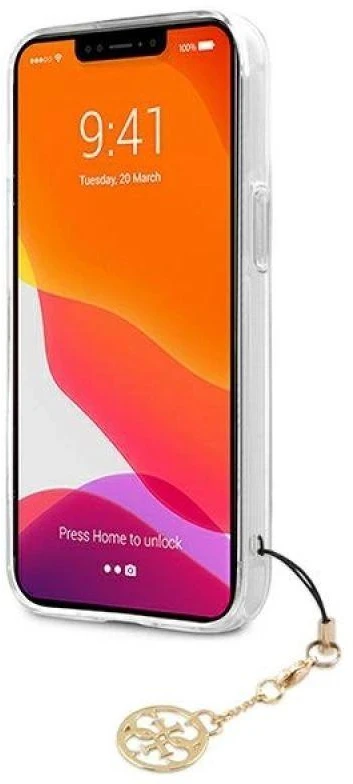 Dėklas GUESS HARD CASE GUHCP13SKB4GBR IPHONE 13 MINI RUDA DIRŽELĖ CHARM SKAIDRUS