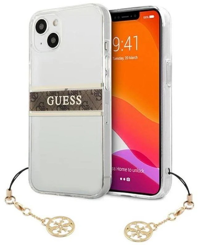 Dėklas GUESS HARD CASE GUHCP13SKB4GBR IPHONE 13 MINI RUDA DIRŽELĖ CHARM SKAIDRUS