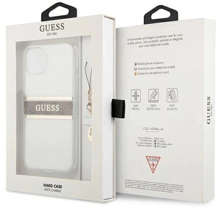 Dėklas GUESS HARD CASE GUHCP13SKB4GBR IPHONE 13 MINI RUDA DIRŽELĖ CHARM SKAIDRUS
