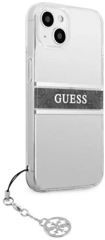 GUESS KIETAS DĖKLAS GUHCP13SKB4GGR IPHONE 13 MINI PILKAS DIRŽELĖ CHARM SKAIDRUS
