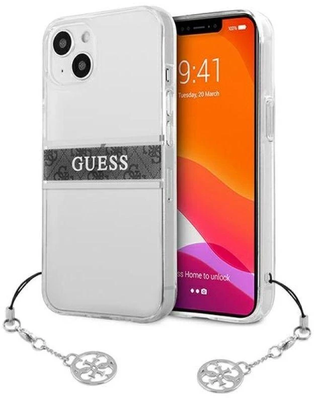GUESS KIETAS DĖKLAS GUHCP13SKB4GGR IPHONE 13 MINI PILKAS DIRŽELĖ CHARM SKAIDRUS