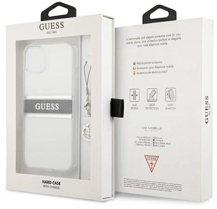 GUESS KIETAS DĖKLAS GUHCP13SKB4GGR IPHONE 13 MINI PILKAS DIRŽELĖ CHARM SKAIDRUS