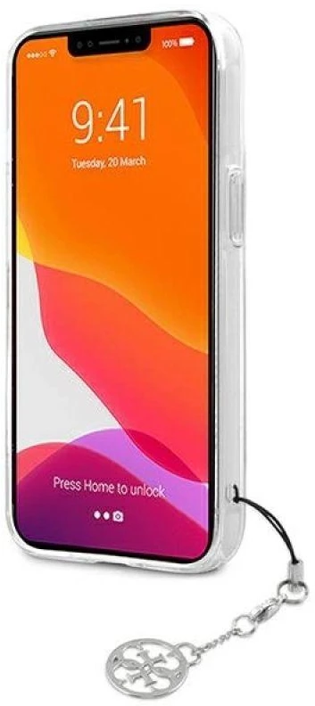 GUESS KIETAS DĖKLAS GUHCP13SKB4GGR IPHONE 13 MINI PILKAS DIRŽELĖ CHARM SKAIDRUS