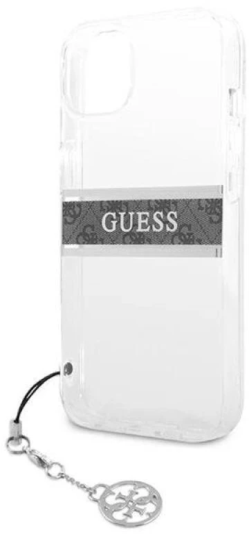 GUESS KIETAS DĖKLAS GUHCP13SKB4GGR IPHONE 13 MINI PILKAS DIRŽELĖ CHARM SKAIDRUS