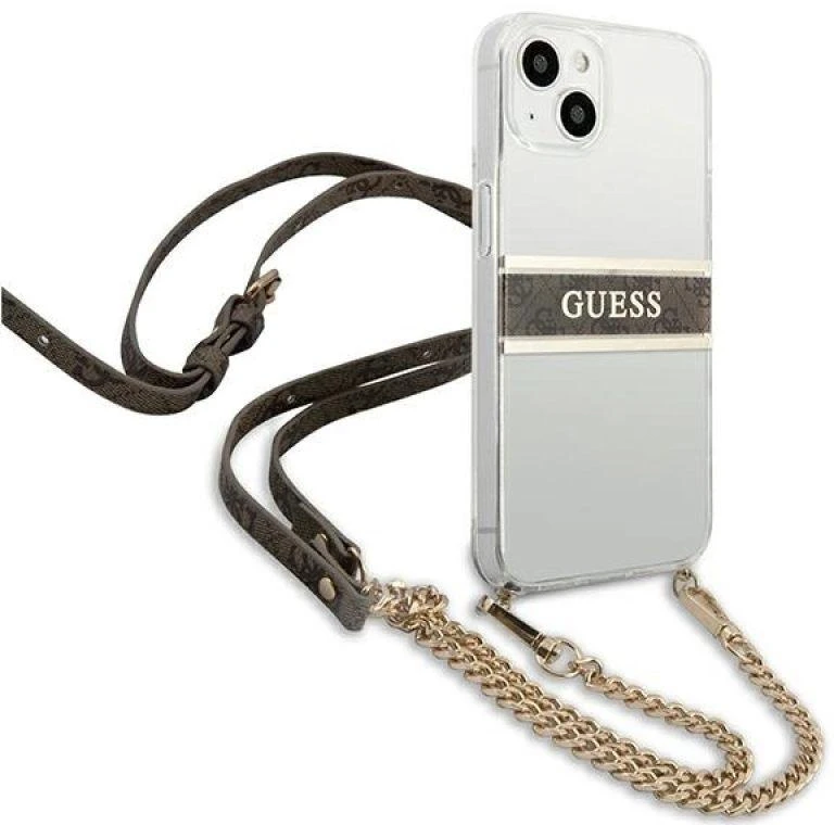 „Guess“ GUHCP13SKC4GBGO Apple iPhone 13 mini 5,4" skaidrus kietas dėklas 4G rudos spalvos dirželis auksinis grandinėlė