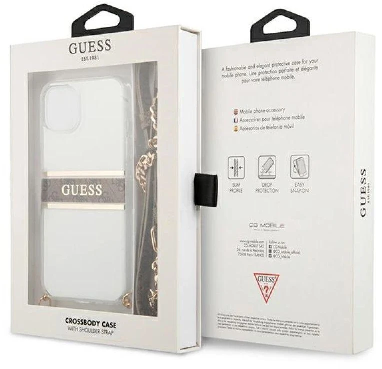 „Guess“ GUHCP13SKC4GBGO Apple iPhone 13 mini 5,4" skaidrus kietas dėklas 4G rudos spalvos dirželis auksinis grandinėlė