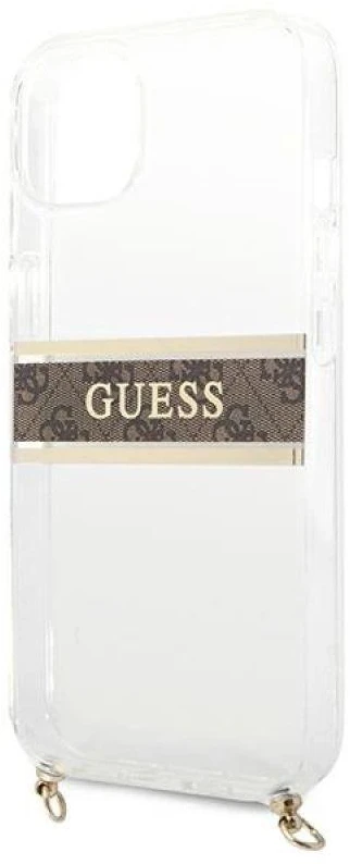 „Guess“ GUHCP13SKC4GBGO Apple iPhone 13 mini 5,4" skaidrus kietas dėklas 4G rudos spalvos dirželis auksinis grandinėlė