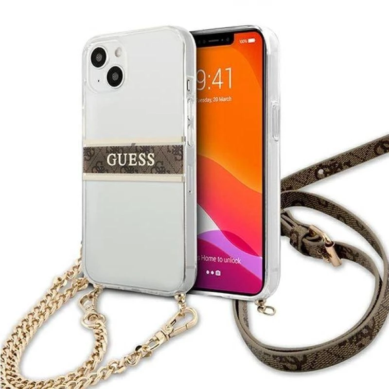 „Guess“ GUHCP13SKC4GBGO Apple iPhone 13 mini 5,4" skaidrus kietas dėklas 4G rudos spalvos dirželis auksinis grandinėlė