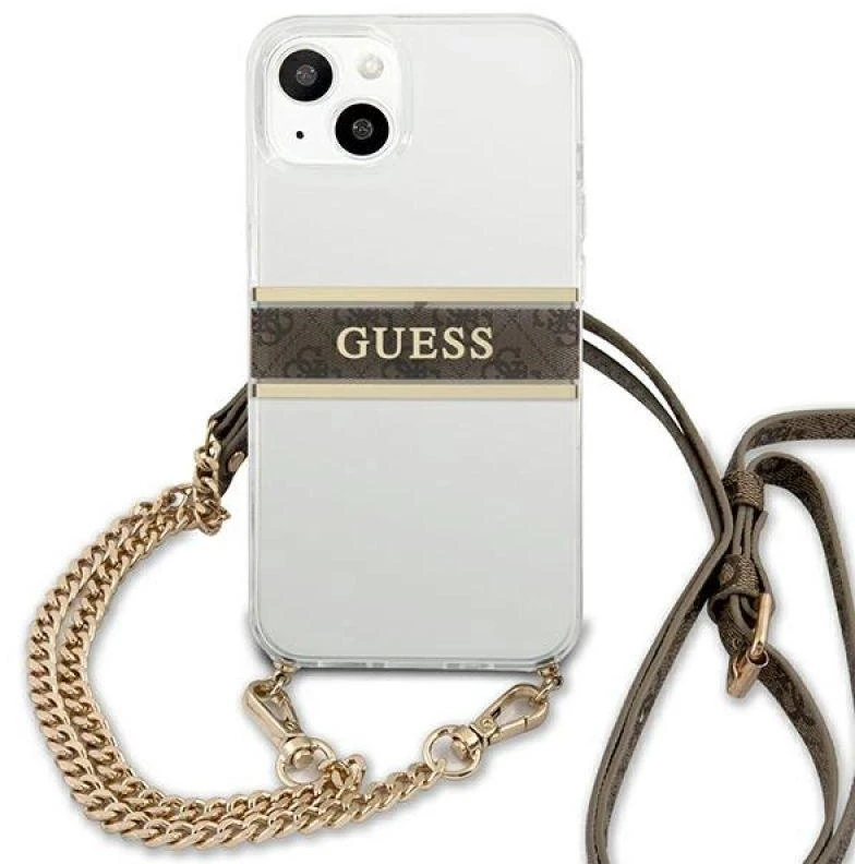 „Guess“ GUHCP13SKC4GBGO Apple iPhone 13 mini 5,4" skaidrus kietas dėklas 4G rudos spalvos dirželis auksinis grandinėlė