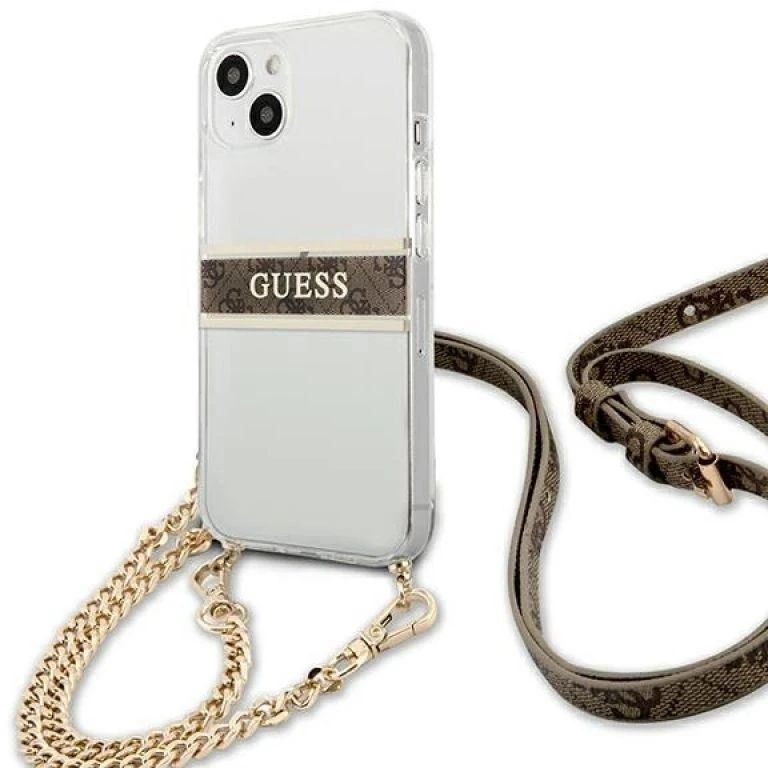 „Guess“ GUHCP13SKC4GBGO Apple iPhone 13 mini 5,4" skaidrus kietas dėklas 4G rudos spalvos dirželis auksinis grandinėlė