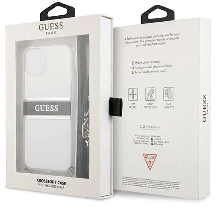 Guess GUHCP13SKC4GBSI Apple iPhone 13 mini 5,4" skaidrus kietas dėklas 4G Pilkas dirželis Sidabrinis grandinėlė