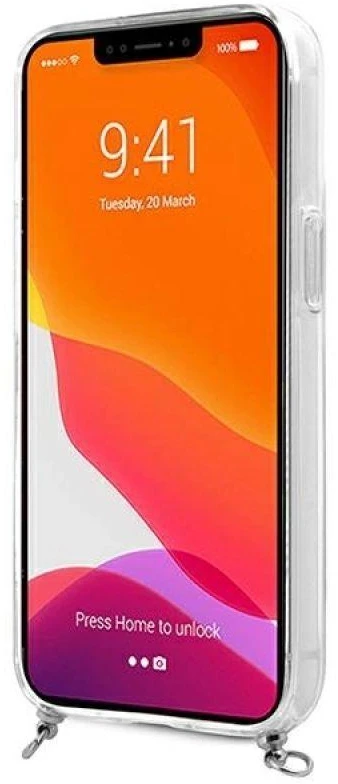 Guess GUHCP13SKC4GBSI Apple iPhone 13 mini 5,4" skaidrus kietas dėklas 4G Pilkas dirželis Sidabrinis grandinėlė
