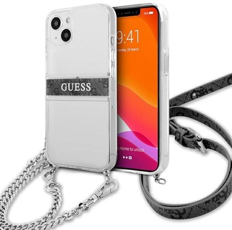Guess GUHCP13SKC4GBSI Apple iPhone 13 mini 5,4" skaidrus kietas dėklas 4G Pilkas dirželis Sidabrinis grandinėlė