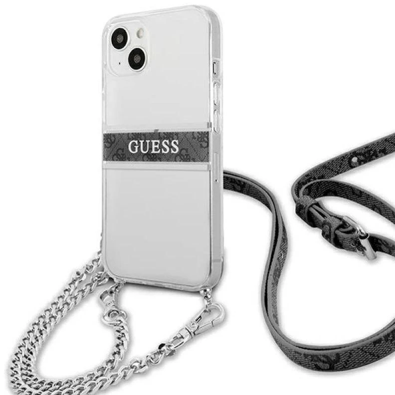 Guess GUHCP13SKC4GBSI Apple iPhone 13 mini 5,4" skaidrus kietas dėklas 4G Pilkas dirželis Sidabrinis grandinėlė