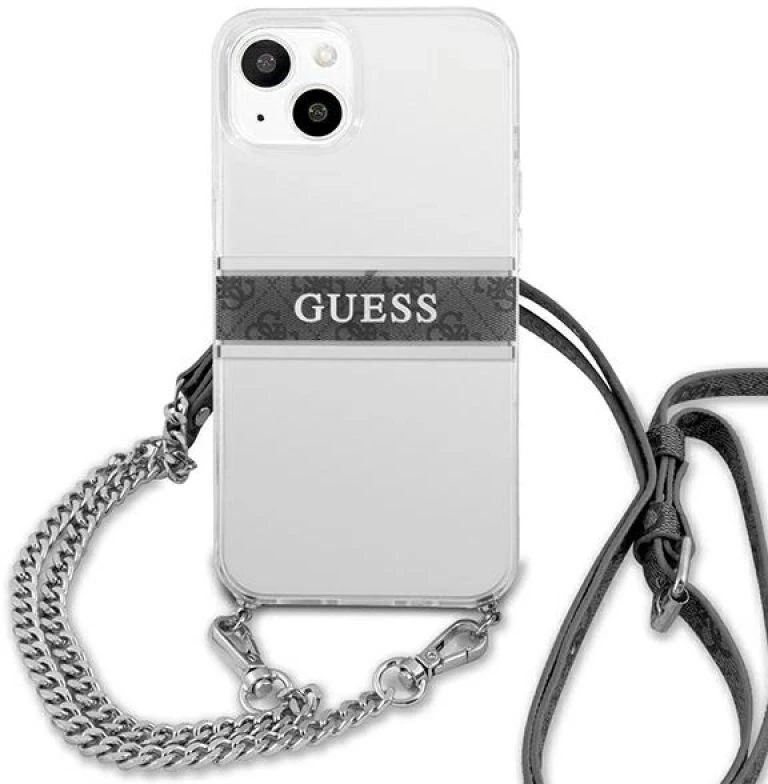 Guess GUHCP13SKC4GBSI Apple iPhone 13 mini 5,4" skaidrus kietas dėklas 4G Pilkas dirželis Sidabrinis grandinėlė