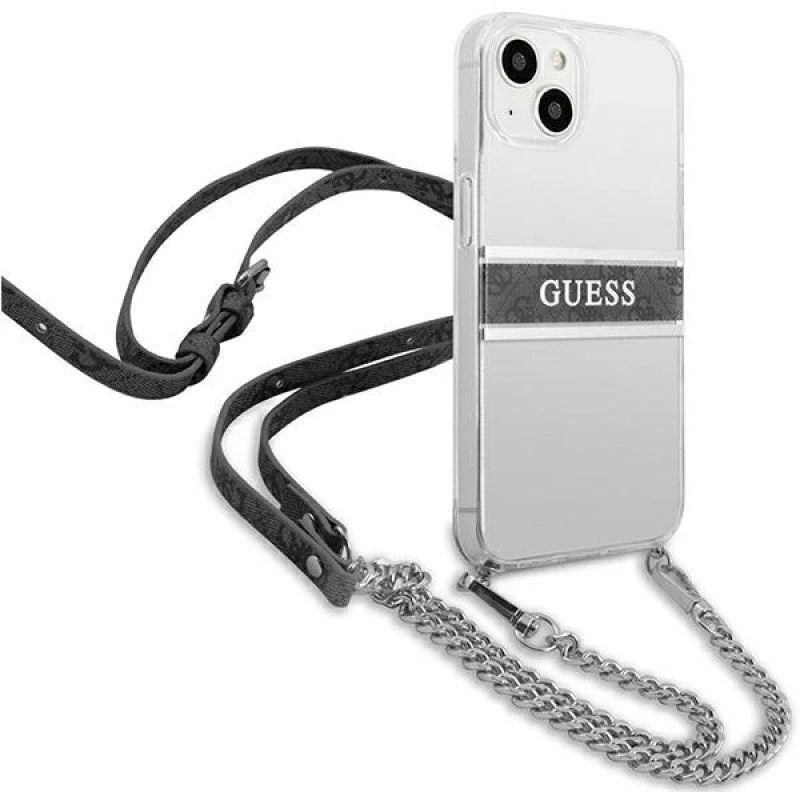 Guess GUHCP13SKC4GBSI Apple iPhone 13 mini 5,4" skaidrus kietas dėklas 4G Pilkas dirželis Sidabrinis grandinėlė