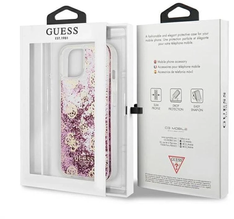 Dėklas GUESS HARDCASE 4G GUHCP13SLGPEPI IPHONE 13 MINI PEONY LIQUID GLITTER Rožinis
