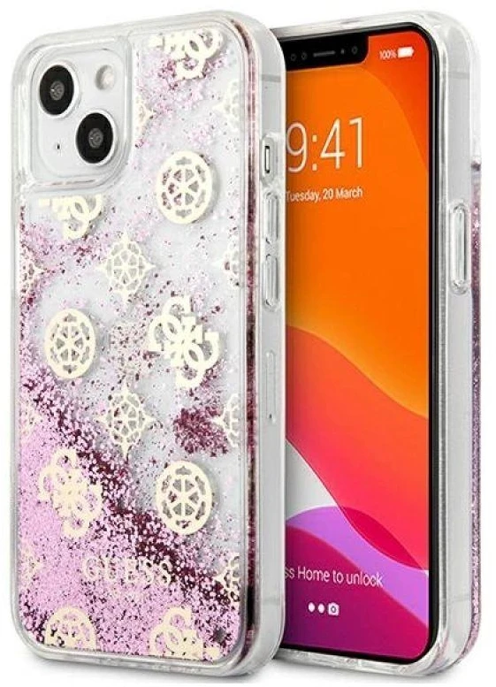 Dėklas GUESS HARDCASE 4G GUHCP13SLGPEPI IPHONE 13 MINI PEONY LIQUID GLITTER Rožinis