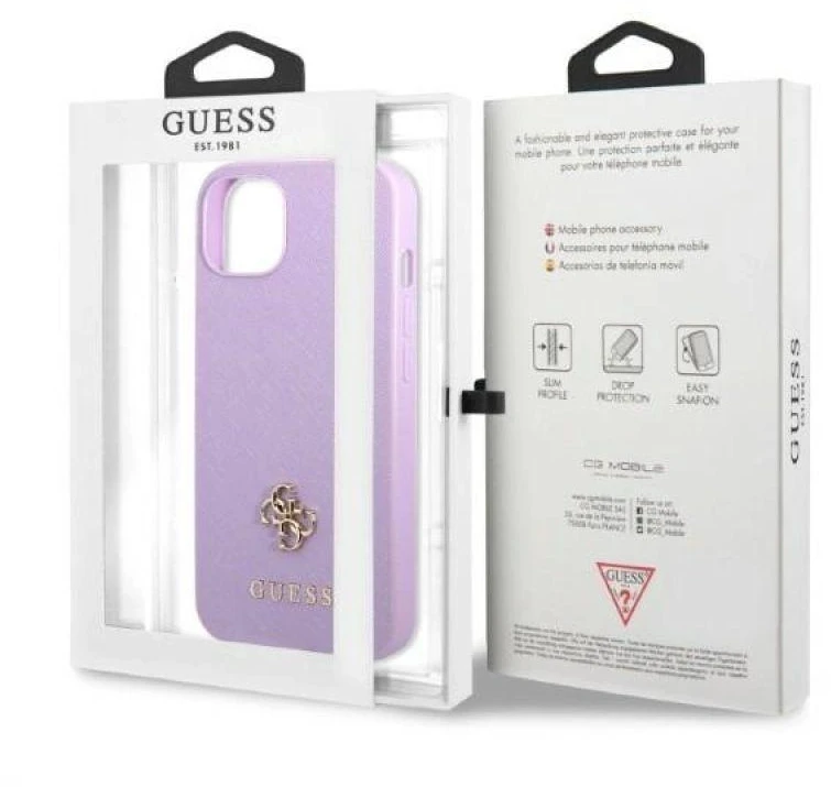 Guess GUHCP13SPS4MU iPhone 13 mini 5,4″ violetinės spalvos kietas dėklas Saffiano 4G Small Metal Logo