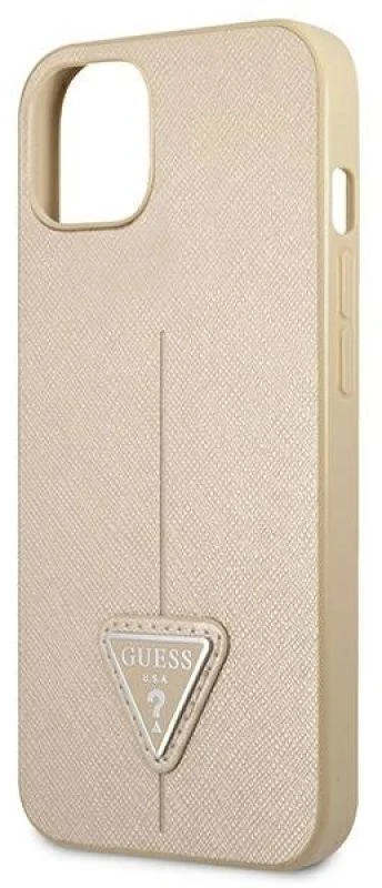 Guess GUHCP13SPSATLE iPhone 13 mini 5,4 colio mažesnis/smėlio spalvos kietas dėklas SaffianoTriangle logotipas