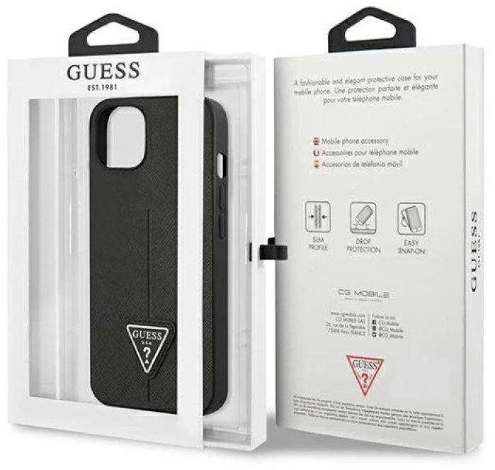 Guess GUHCP13SPSATLK Apple iPhone 13 mini 5,4″ juodos spalvos kietas dėklas SaffianoTriangle Logo
