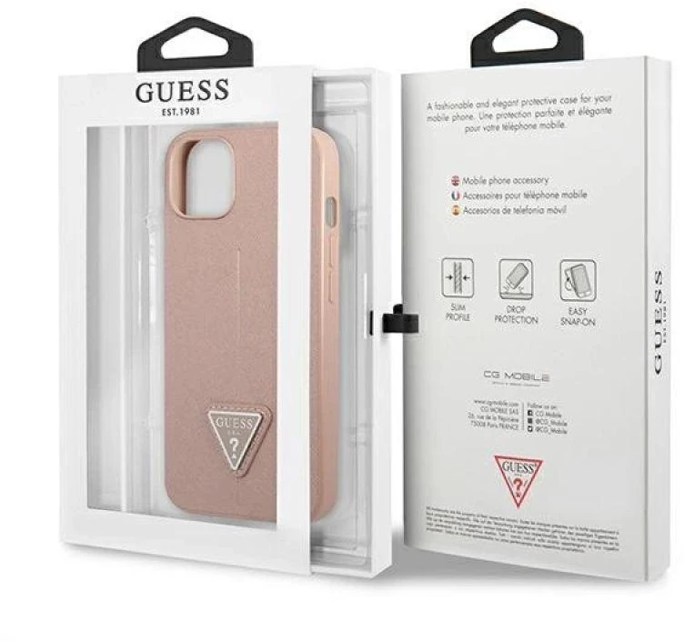 Guess GUHCP13SPSATLP Apple iPhone 13 mini 5,4″ rožinės spalvos kietas dėklas SaffianoTriangle Logo