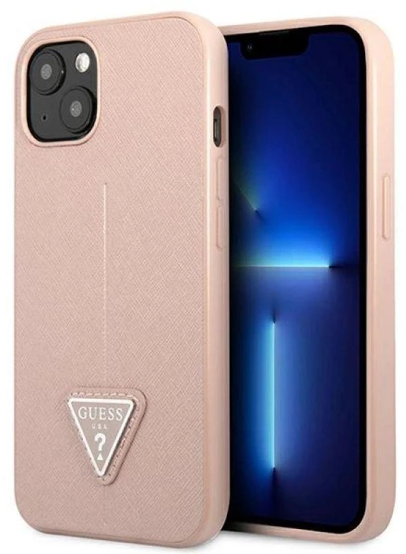 Guess GUHCP13SPSATLP Apple iPhone 13 mini 5,4″ rožinės spalvos kietas dėklas SaffianoTriangle Logo