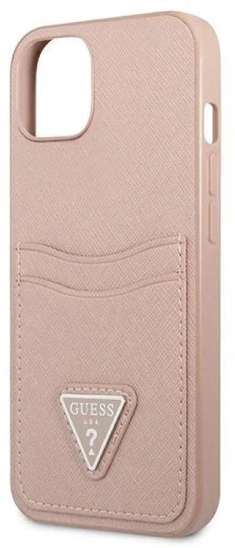 Guess GUHCP13SPSATPP Apple iPhone 13 mini 5,4″ rožinės spalvos kietas dėklas SaffianoTriangle Logo Cardslot