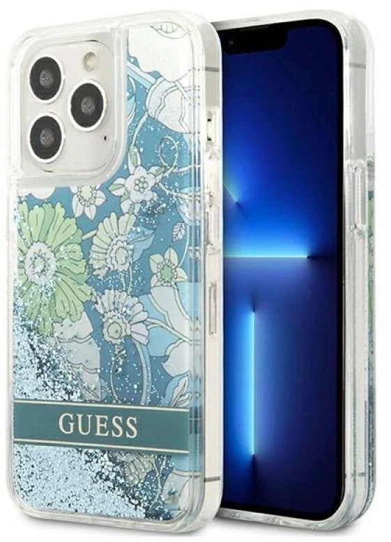 Guess GUHCP13XLFLSN Apple iPhone 13 Pro Max 6,7″ žalias kietas dėklas Flower Liquid Glitter