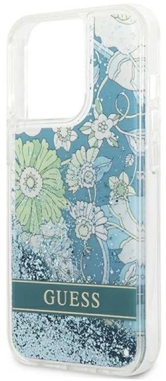 Guess GUHCP13XLFLSN Apple iPhone 13 Pro Max 6,7″ žalias kietas dėklas Flower Liquid Glitter