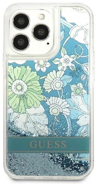 Guess GUHCP13XLFLSN Apple iPhone 13 Pro Max 6,7″ žalias kietas dėklas Flower Liquid Glitter